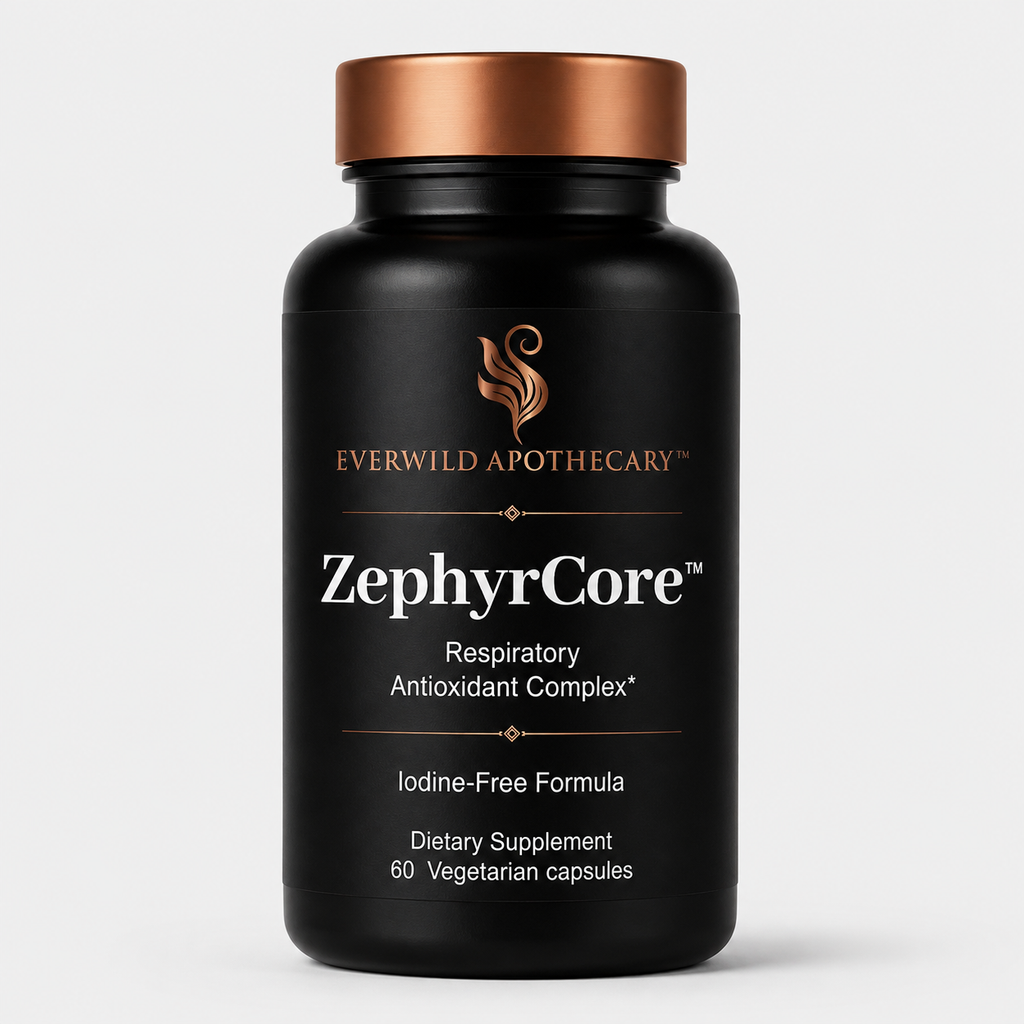 A black bottle of Everwild Apothecary ZephyrCore Respiratory Antioxidant Complex dietary supplement with a metallic copper cap, shown on a light gray background.