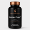 A black bottle of Everwild Apothecary ZephyrCore Respiratory Antioxidant Complex dietary supplement with a metallic copper cap, shown on a light gray background.