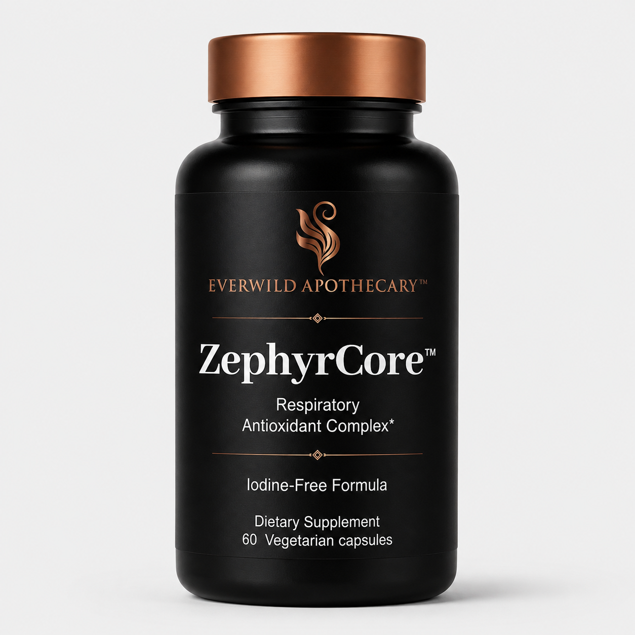 A black bottle of Everwild Apothecary ZephyrCore Respiratory Antioxidant Complex dietary supplement with a metallic copper cap, shown on a light gray background.