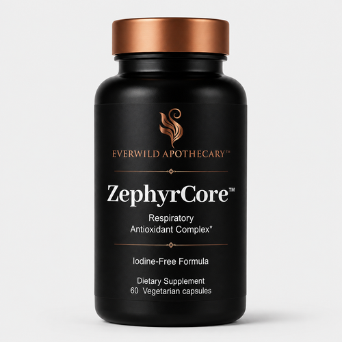 A black bottle of Everwild Apothecary ZephyrCore Respiratory Antioxidant Complex dietary supplement with a metallic copper cap, shown on a light gray background.