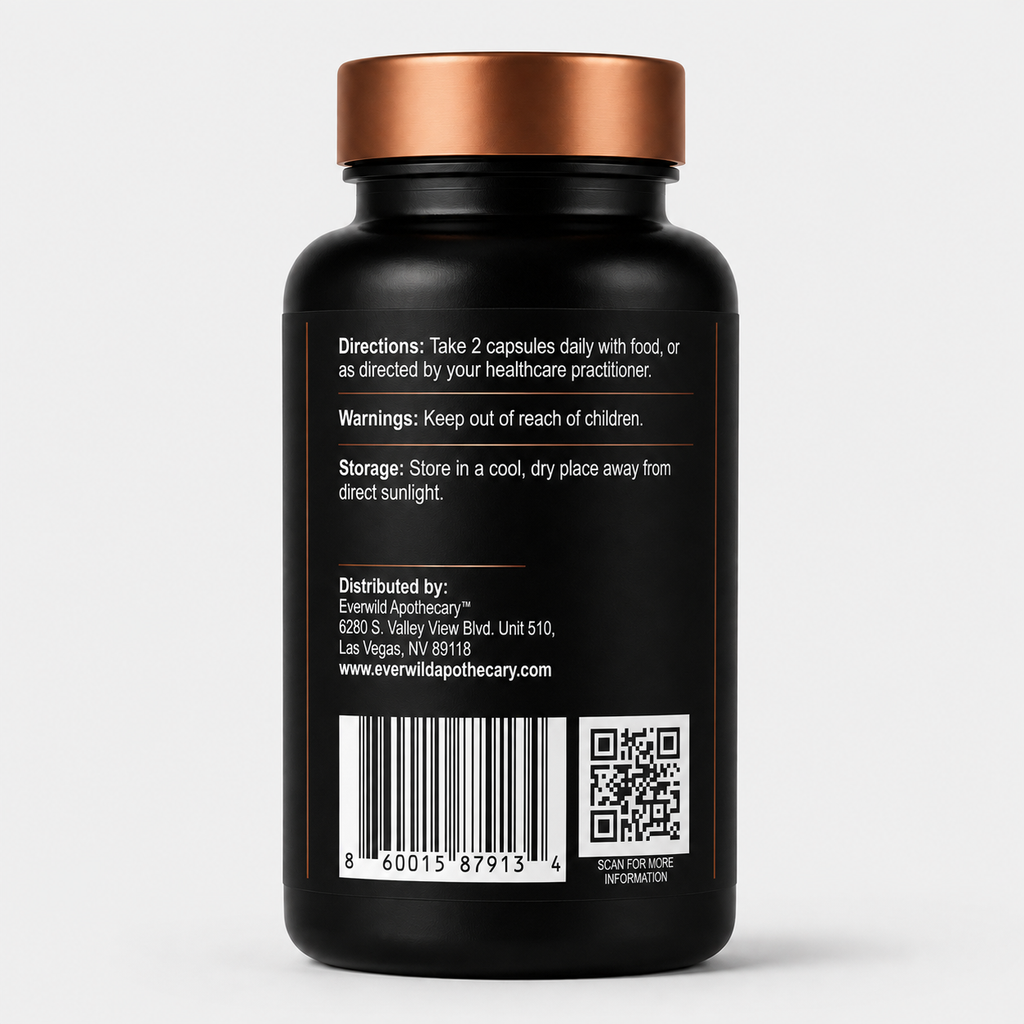 The back of a black supplement bottle with a metallic copper cap, featuring white text with directions, warnings, storage instructions, a barcode, and a QR code on a light gray background.