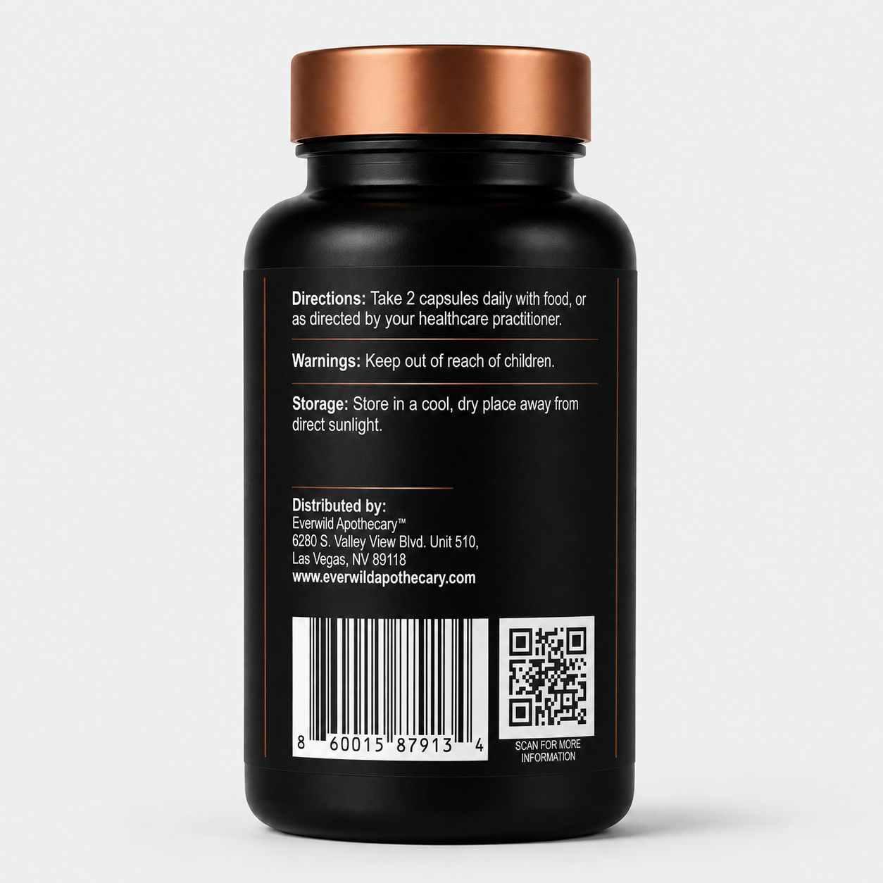 The back of a black supplement bottle with a metallic copper cap, featuring white text with directions, warnings, storage instructions, a barcode, and a QR code on a light gray background.