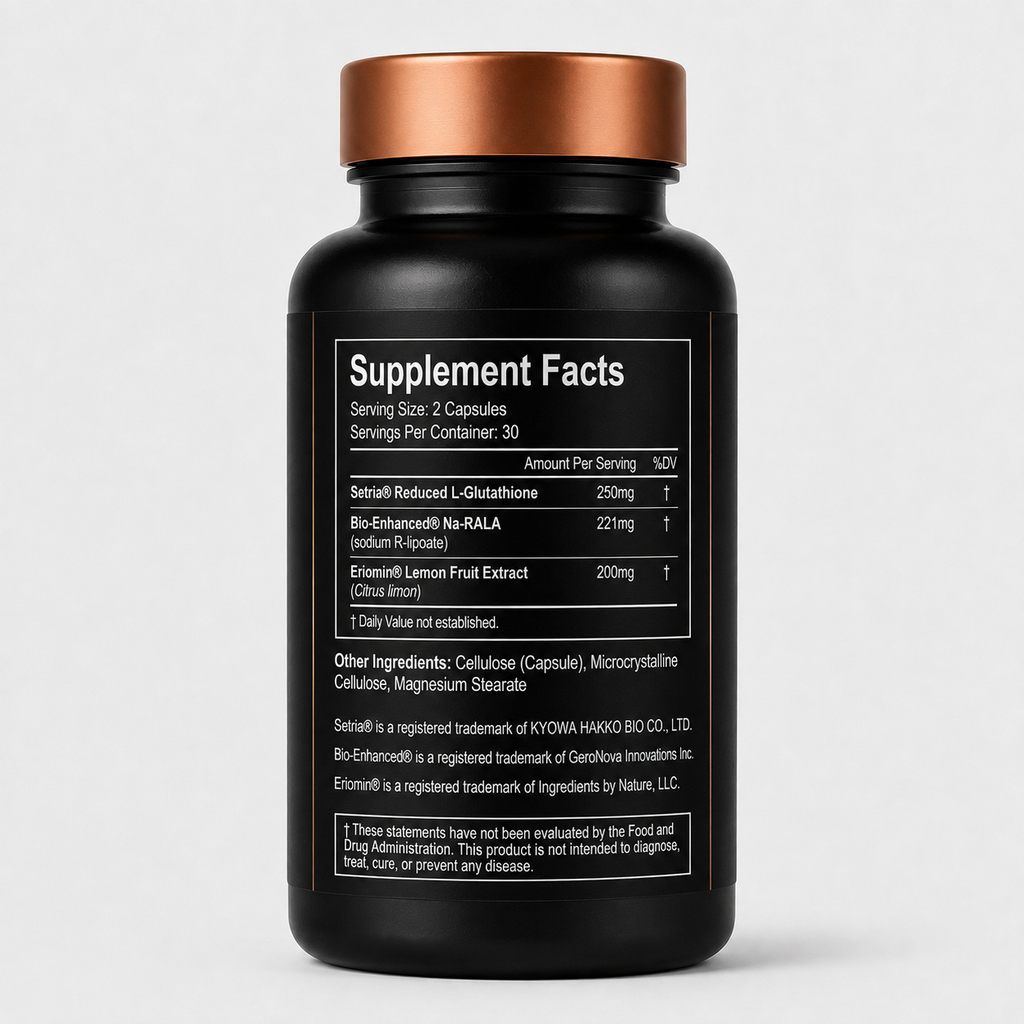 A black supplement bottle with a metallic copper cap, showing the Supplement Facts label on a light gray background.