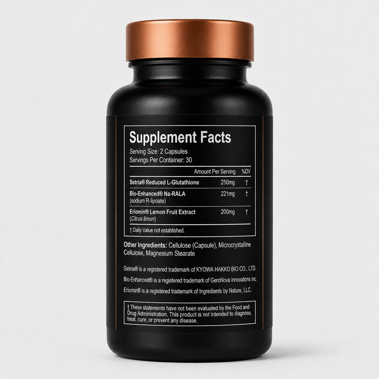 A black supplement bottle with a metallic copper cap, showing the Supplement Facts label on a light gray background.