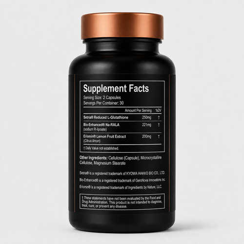 A black supplement bottle with a metallic copper cap, showing the Supplement Facts label on a light gray background.