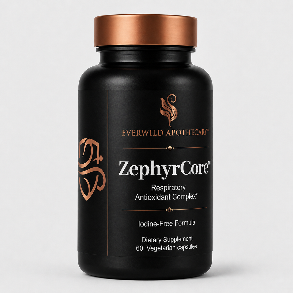 A black bottle of Everwild Apothecary ZephyrCore Respiratory Antioxidant Complex dietary supplement with a metallic copper cap, shown on a light gray background.